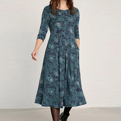 

Women's Casual Dress Midi Dress Navy Blue Long Sleeve Floral Print Winter Fall Autumn Round Neck Casual Winter Dress Weekend Fall Dress 2023 S M L XL 2XL 3XL