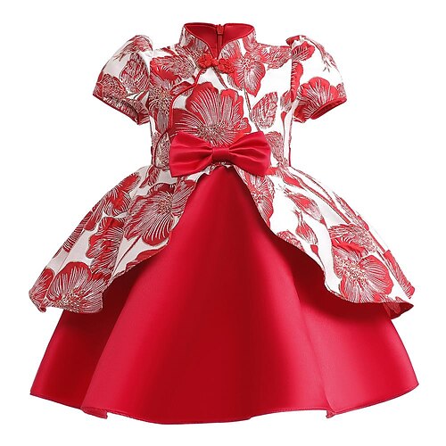 

Kids Girls' Dress Jacquard Skater Dress Knee-length Dress Party Bow Short Sleeve Cute Dress 3-10 Years Spring Red