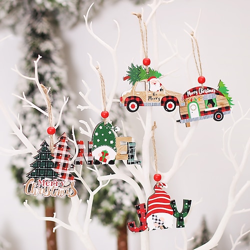 

12pc Christmas Decorations Cartoon Set Wood Pendant Wood Crafts Wood Chip Pendant Christmas Tree Accessories