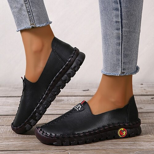 

Women's Slip-Ons Flat Heel Round Toe PU Leather Loafer Black Beige