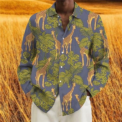 

Hombre Camisa Camisa gráfica Animal Jirafa Hojas Cuello Vuelto Azul Piscina Impresión 3D Exterior Calle Manga Larga Abotonar Estampado Ropa Moda Design Casual Transpirable