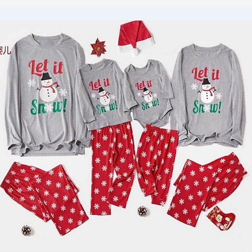 

Christmas Pajamas Family Set Ugly Letter Snowman Snowflake Home Gray Long Sleeve Mom Dad and Me Basic Matching Outfits