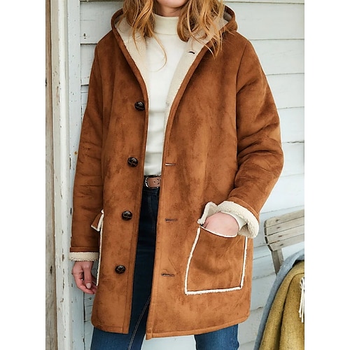 

Women's Sherpa jacket Warm Street Casual Daily Casual Daily Button Pocket Single Breasted Hoodie Casual Street Style Solid Color Regular Fit Outerwear Long Sleeve Winter Fall Brown S M L XL XXL 3XL