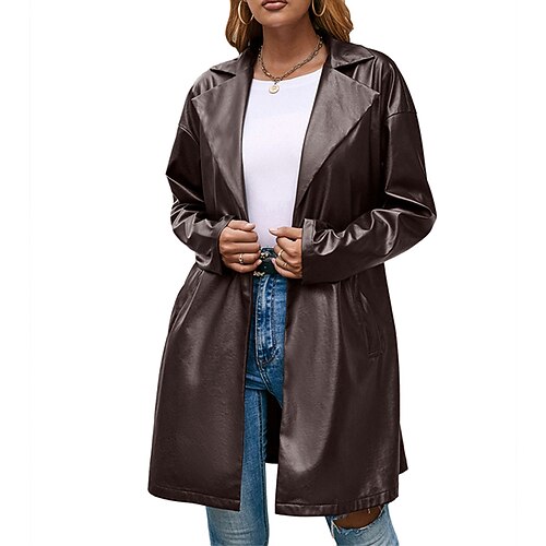 

Women's Faux Leather Jacket Windproof Warm Outdoor Street Daily Vacation Lace up Open Front Turndown Fashion Modern Street Style Solid Color Regular Fit Outerwear Long Sleeve Winter Fall Coffee S M L
