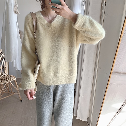 

Women's Pullover Sweater jumper Jumper Ribbed Knit Knitted Pure Color V Neck Stylish Soft Daily Date Winter Fall Blue Yellow One-Size / Long Sleeve / Regular Fit / Going out