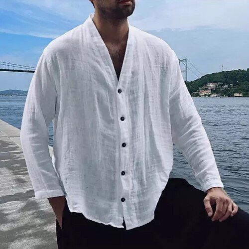 

Men's Shirt Linen Shirt Solid Color V Neck White Long Sleeve Street Daily Button-Down Tops Fashion Casual Comfortable
