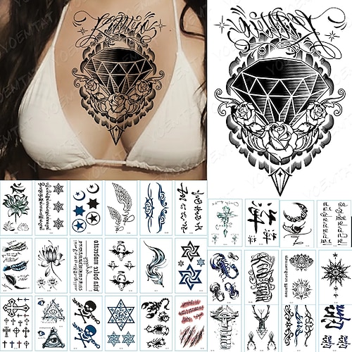 

31PCS Temporary Tattoo Waterproof Water Adhesive Breast Lace Henna Mandala Flash Tattoos Wolf Diamond Flower Body Art Fake Arm Tattoo