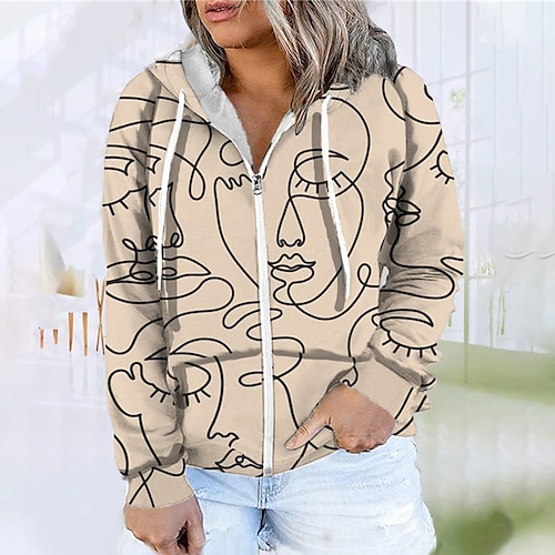 

Women's Plus Size Tops Hoodie Sweatshirt Abstract Zipper Print Long Sleeve Hooded Streetwear Daily Vacation Polyester Fall Winter khaki Apricot / 3D Print