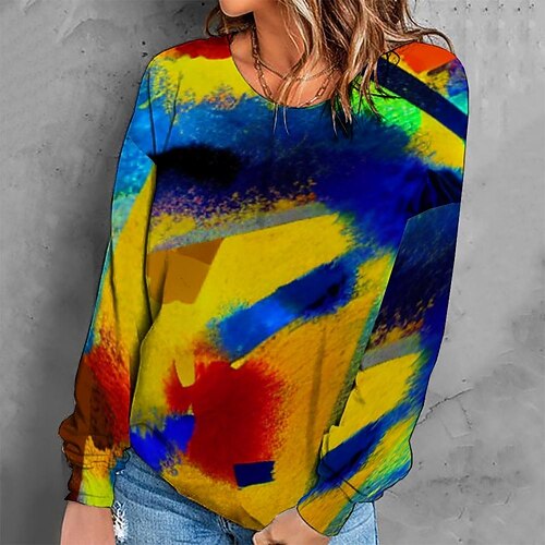 

Women's Sweatshirt Pullover Retro Yellow Graphic Geometric Tie Dye Casual Round Neck Long Sleeve S M L XL 2XL 3XL / Winter