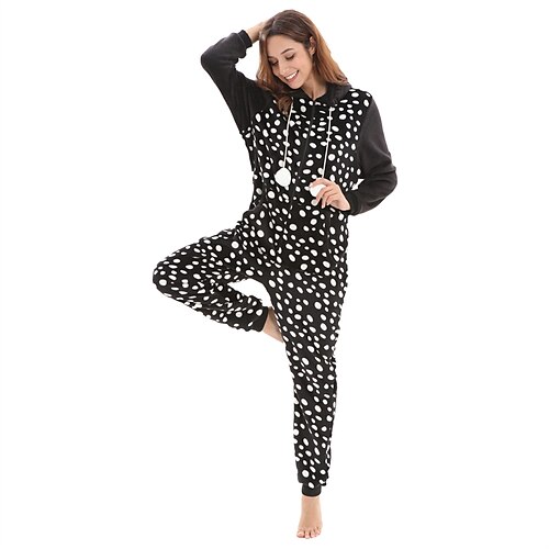 

Women's Winter Loungewear Kigurumi Pajamas Winter Onesies Jumpsuits Dot Comfort Soft Plush Home Daily Vacation Flannel Warm Hoodie Long Sleeve Pocket Hoodie Winter Fall Black / Pjs