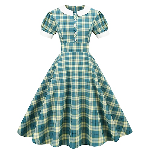 

Women's 1950s Audrey Hepburn Swing Dress 100% Cotton Flare Dress Puffed Sleeves Retro Vintage Dailywear Tea Party Casual Daily Short Sleeve Fit & Flare Dress Christmas