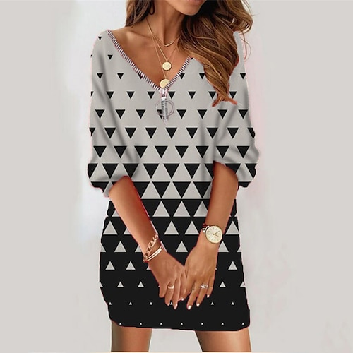 

Women's Sweatshirt Dress Shift Dress Short Mini Dress Light gray Dark Gray Gray White Black Long Sleeve Geometric Color Block Abstract Zipper Print Fall Winter V Neck Vacation Casual 2022 S M L XL