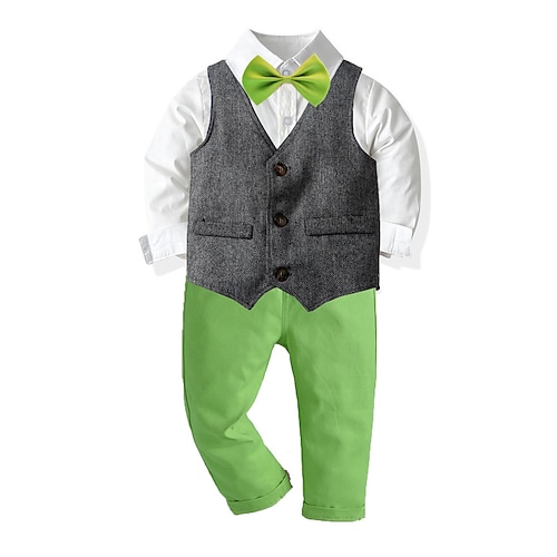 

Kids Boys Shirt Pants Clothing Set 3 Pieces Long Sleeve Green Solid Color Formal Gentle 2-6 Years