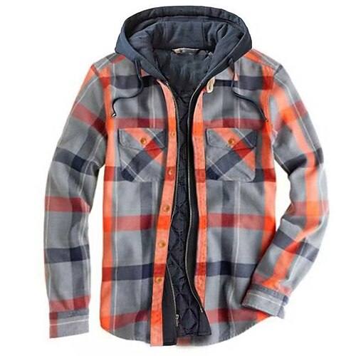

Men's Puffer Jacket Winter Jacket Quilted Jacket Shirt Jacket Winter Coat Warm Casual Plaid / Check Outerwear Clothing Apparel Lake blue Orange