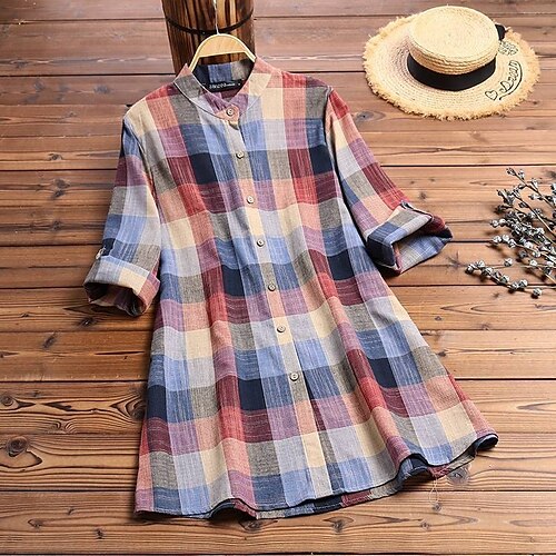 

Women's Plus Size Casual Dress Plaid Turtleneck Long Sleeve Fall Winter Casual Short Mini Dress Causal Daily Dress / Linen / Shirt Dress