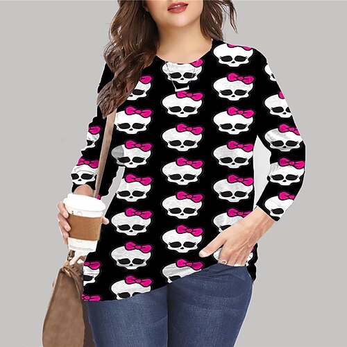 

Women's Plus Size Tops Pullover Sweatshirt Hoodie Sweatshirt Skull Print Long Sleeve Crewneck Casual Halloween Halloween Daily Microfiber Fall Winter Black