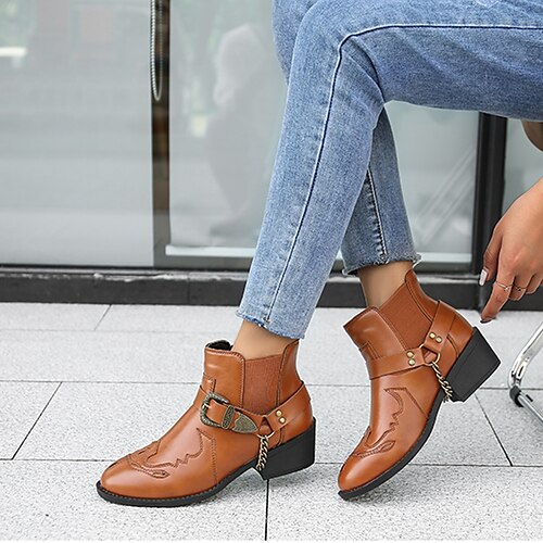 

Women's Boots Daily Combat Boots Booties Ankle Boots Winter Buckle Block Heel Round Toe Classic Walking Shoes PU Leather Loafer Solid Colored Light Brown Black Coffee