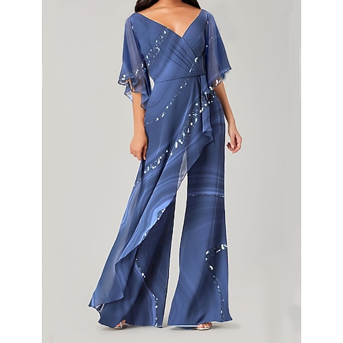 

Women's Jumpsuit Print Print V Neck Elegant Vacation Weekend Straight Regular Fit Half Sleeve Blue S M L Fall