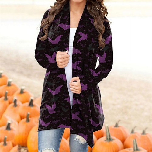 

Women's Casual Jacket Warm Comfortable Halloween Casual Daily Wear Going out Print Cardigan Collarless Active Comfortable Street Style Halloween Skull Regular Fit Outerwear Long Sleeve Winter Fall