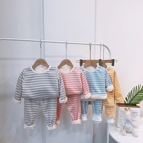 

2 Pieces Kids Boys Hoodie & Pants Clothing Set Outfit Stripe Long Sleeve Set Vacation Casual Winter Fall 1-5 Years Pink Yellow Light Blue