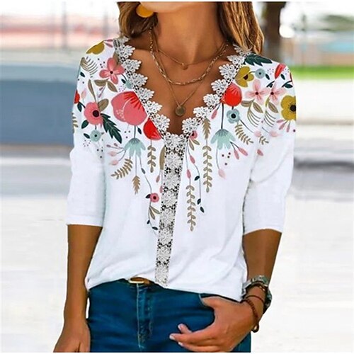 

Women's T shirt Tee Yellow Navy Blue White Floral Lace Trims Print 3/4 Length Sleeve Holiday Weekend Basic V Neck Regular Floral Painting S / 3D Print