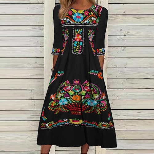 

Women's Casual Dress Ethnic Dress Shift Dress Midi Dress Black 3/4 Length Sleeve Floral Ruched Summer Spring Round Neck Vacation 2023 S M L XL XXL 3XL