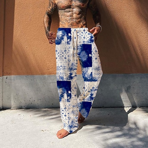 

Men's Trousers Beach Pants Pocket Drawstring Elastic Waist Graphic Prints Comfort Breathable Casual Daily Holiday Streetwear Designer Blue / Elasticity