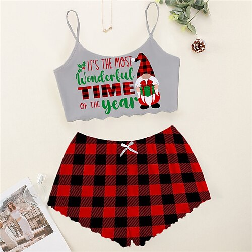 

Women's ChristmasPjs Plus Size Pajamas Sets 2 Pieces Letter Santa Claus Fashion Comfort Soft Home Carnival Breathable Gift Straps Sleeveless Strap Top Shorts Elastic Waist Spring