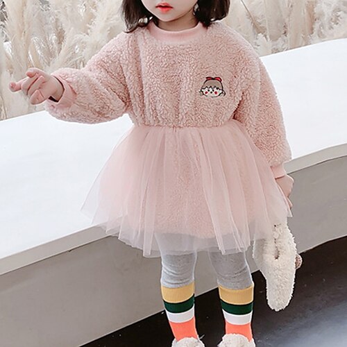 

Kids Girls' Dress Solid Colored A Line Dress Above Knee Dress Daily Cotton Long Sleeve Beautiful Dress 2-6 Years Winter Pink Beige
