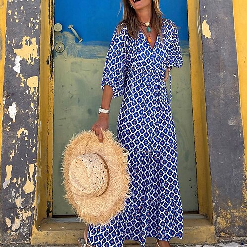 

Women's A Line Dress Swing Dress Maxi long Dress Blue 3/4 Length Sleeve Print Patchwork Print Fall Winter V Neck Vacation Fashion 2022 S M L XL