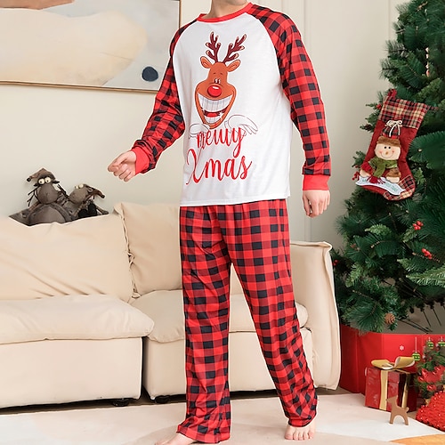 

Men's Christmas Pajamas Sleepwear Pajama Set Pajama Top and Pant 2 Pieces Elk Grid / Plaid Fashion Comfort Soft Home Christmas Bed Cotton Blend Breathable Crew Neck Long Sleeve Basic Winter Fall Red