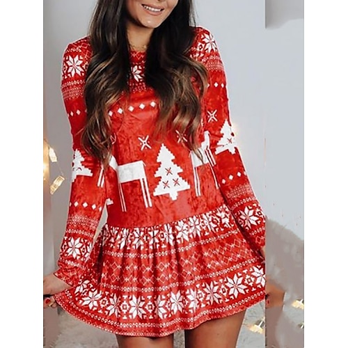 

Women's Christmas Casual Dress Short Mini Dress Green Red Long Sleeve Elk Tree Snowflake Knit Print Fall Winter Crew Neck Fashion Casual 2022 S M L XL