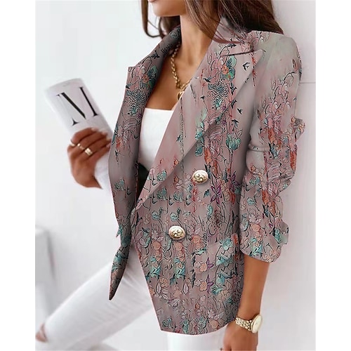 

Women's Blazer Breathable Formal Office Work with Pockets Print Double Breasted Turndown Elegant Formal Modern Office / career Flower Regular Fit Outerwear Long Sleeve Winter Fall Green Blue Khaki S