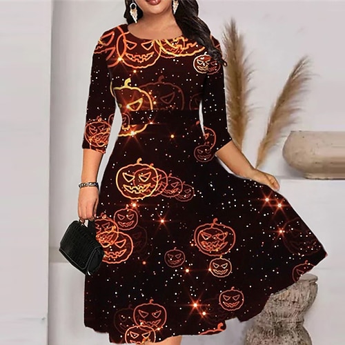 

Women's Plus Size Work Dress Pumpkin Round Neck 3/4 Length Sleeve Fall Winter Stylish Work Midi Dress Halloween Vacation Dress
