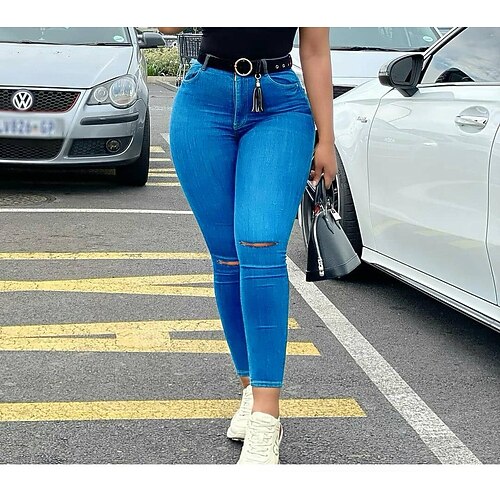 

Women's Skinny Faux Denim Blue Fashion Street Casual Cut Out Stretchy Ankle-Length Tummy Control Plain S M L XL XXL / Slim
