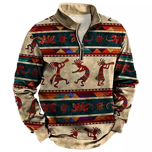 

Men's Unisex Zip Up Sweatshirt Pullover Quarter Zipper Sweatshirt Brown Half Zip Tribal Graphic Prints Zipper Print Daily Sports 3D Print Designer Ethnic Casual Spring & Fall Clothing Apparel Hoodies