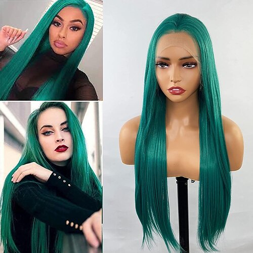 

Green Synthetic Lace Front Wig for Women Free Part Straight Long Dark Green Lace Front Wig Glueless Synthetic Hair Replacement Wigs Heat Resistant 24 Inches