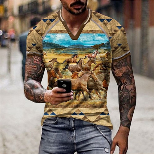 

Men's Unisex T shirt Tee Horse Graphic Prints V Neck Brown Short Sleeve 3D Print Outdoor Street Button-Down Print Tops Sports Designer Casual Big and Tall / Summer / Summer