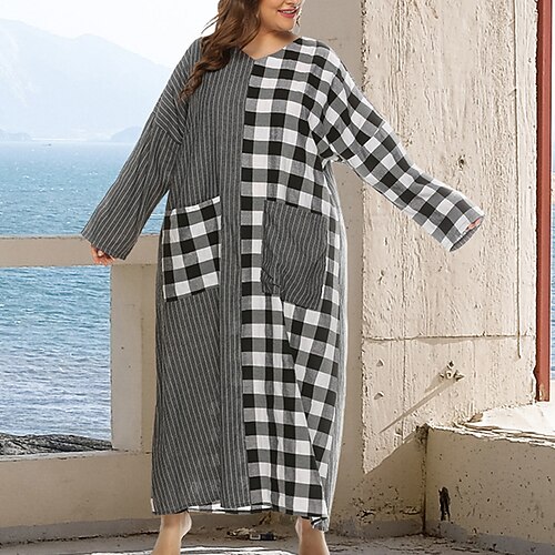 

Women's Plus Size Casual Dress Plaid V Neck Long Sleeve Fall Winter Casual Maxi long Dress Daily Date Dress / Cotton