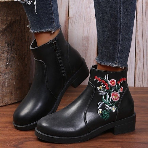 

Women's Boots Daily Plus Size Booties Ankle Boots Winter Low Heel Round Toe Casual PU Leather Loafer Solid Colored Black Red