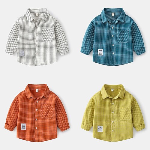 

Niños Chico Camisa Plaid Exterior Manga Larga Activo Algodón 3-6 años de edad Invierno Verde Trébol Verde Claro Caqui