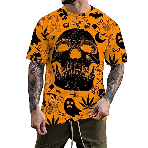 

Men's Unisex T shirt Tee Skull Graphic Prints Crew Neck Orange 3D Print Outdoor Street Short Sleeve Print Clothing Apparel Sports Designer Casual Big and Tall / Summer / Summer