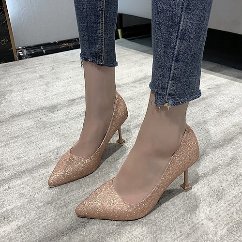 

Women's Heels High Heel Pointed Toe PU Leather Loafer Silver Black Gold