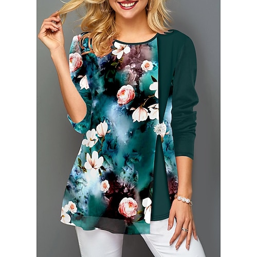 

Women's Blouse Shirt Green Purple Navy Blue Floral Print Long Sleeve Holiday Weekend Streetwear Round Neck Regular Floral S / 3D Print