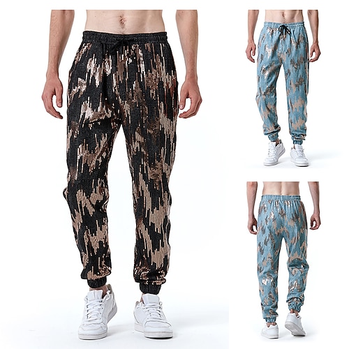 

Men's Joggers Trousers Casual Pants Sequin Pants Drawstring Elastic Waist Shiny Metallic Lines / Waves Windproof Full Length Club Streetwear Trousers Sequins Light Blue Black Inelastic / Elasticity