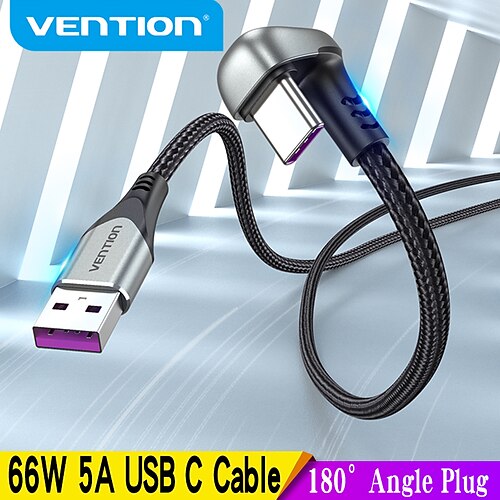 

Vention USB Type C Cable 180 Angle Fast Charging Cable For Huawei P40 P30 Nintend Switch Xiaomi Mobile Phone 66W 5A