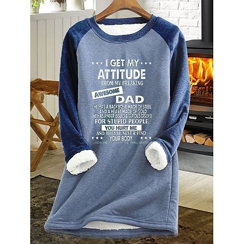 

Women's Sweatshirt Pullover Sherpa Fleece Teddy Blue Gray Text Dailywear Round Neck Long Sleeve Fleece S M L XL 2XL 3XL