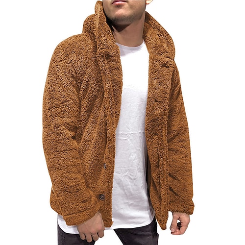 

mens fuzzy sherpa jacket hoodie fluffy fleece open front cardigan button down soft coat fall outwear winter warm thicken lined jackets with pocket for men brown