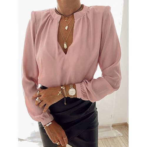 

Women's Blouse Shirt Pink Black Solid Colored Long Sleeve Daily Basic V Neck Short S