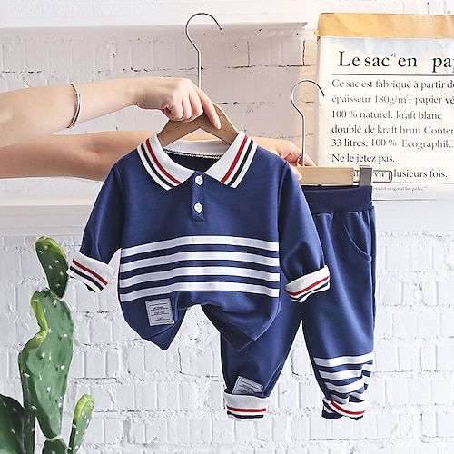 

2 Pieces Kids Boys T-shirt & Pants Clothing Set Outfit Stripe Long Sleeve Cotton Set Vacation Fashion Daily Winter Fall 1-5 Years Navy Blue Grey